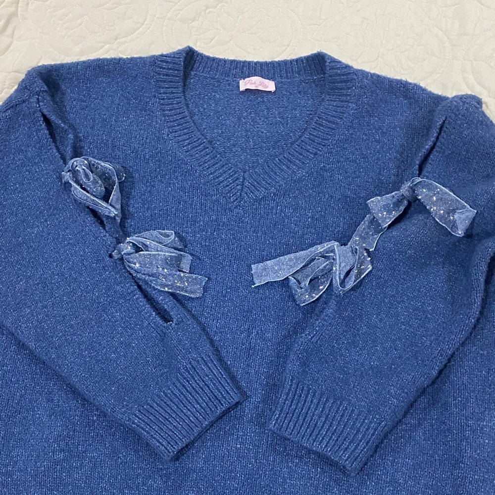 Pink Lily Blue V-Neck Sweater with Ribbon Accents